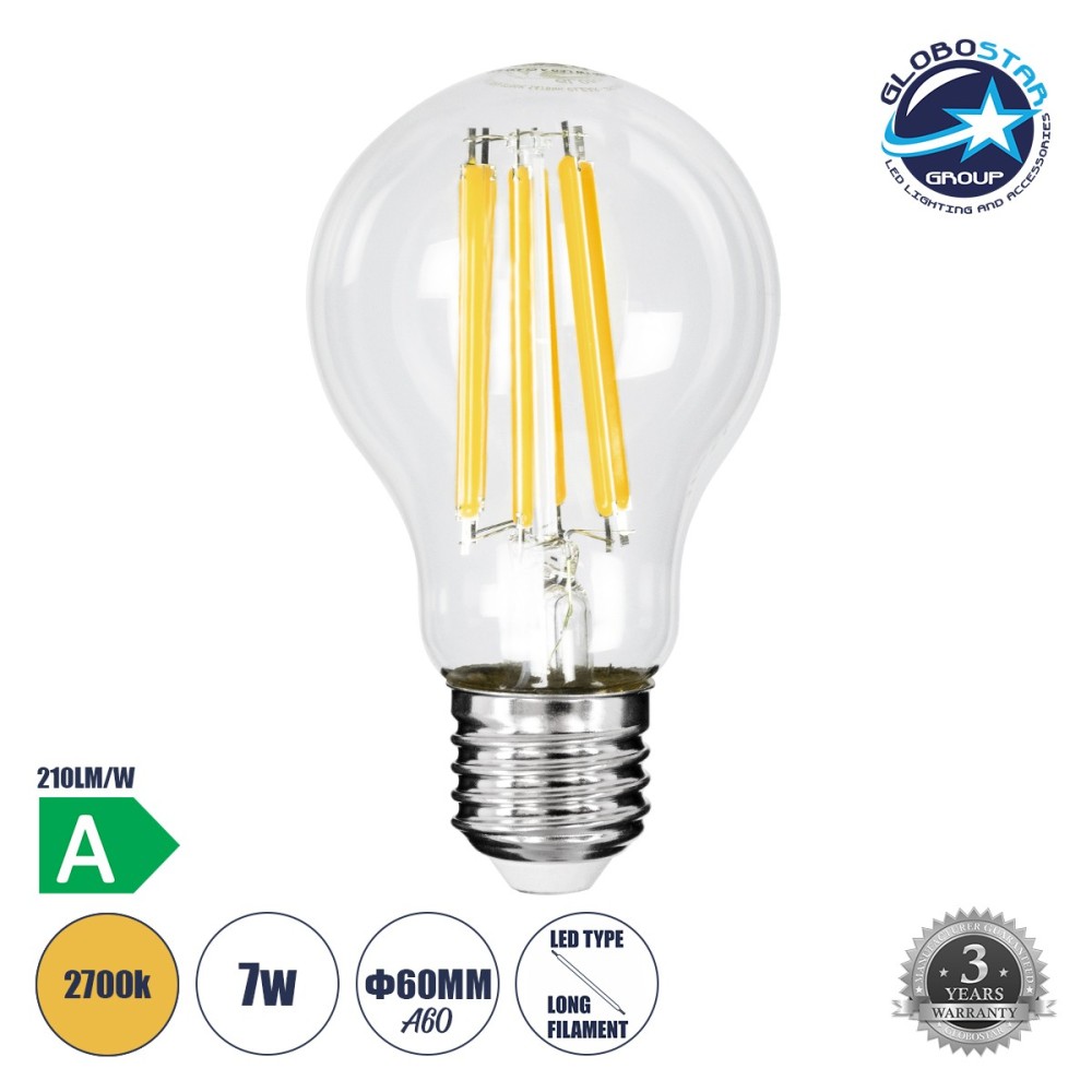 GLOBOSTAR® GLOBE 99087 Λάμπα E27 A60 LED 7W 1470lm 360° AC 220-240V IP20 Θερμό Λευκό 2700K - Long Filament Chip - Διάφανο - Μ6 x Π6 x Υ11cm - 3 Χρόνια Εγγύηση